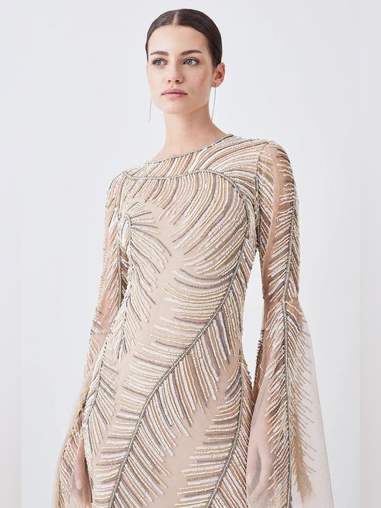 Karen Millen Dresses & Skirts - Karen Millen Nude sequin embellished maxi dress long sleeve, lined size 4 NEW